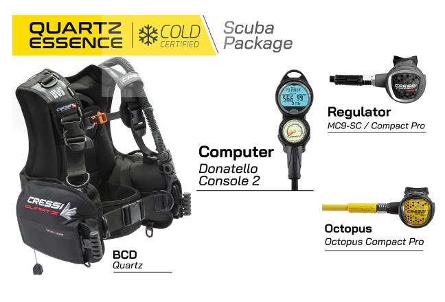 Cressi Quartz Essence Cold Water Dive Package - BCD, Regulator, Octopus, and Console