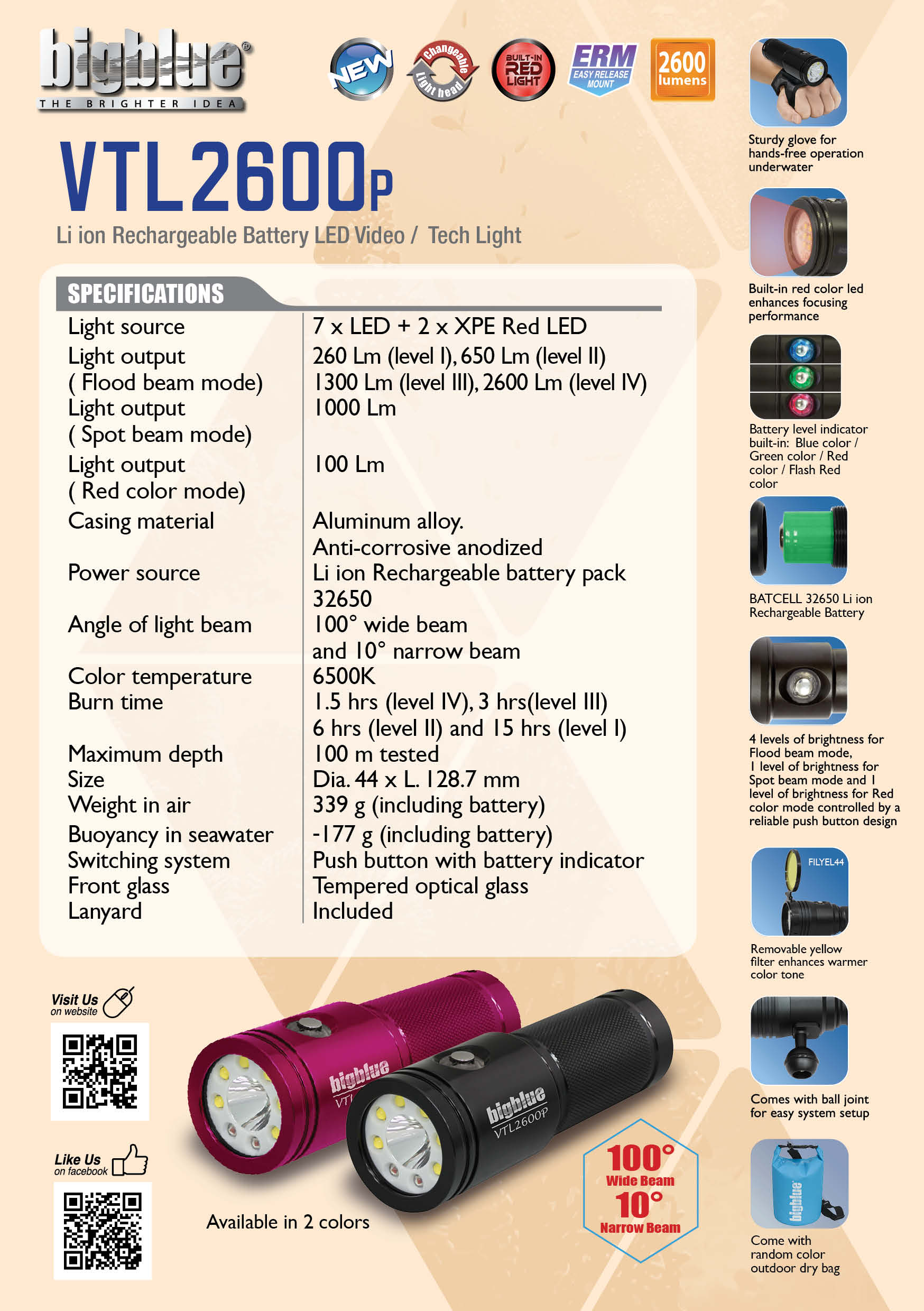 BigBlue 2900 Lumen Wide Beam + 1000 Lumen Spot Beam Dive Light