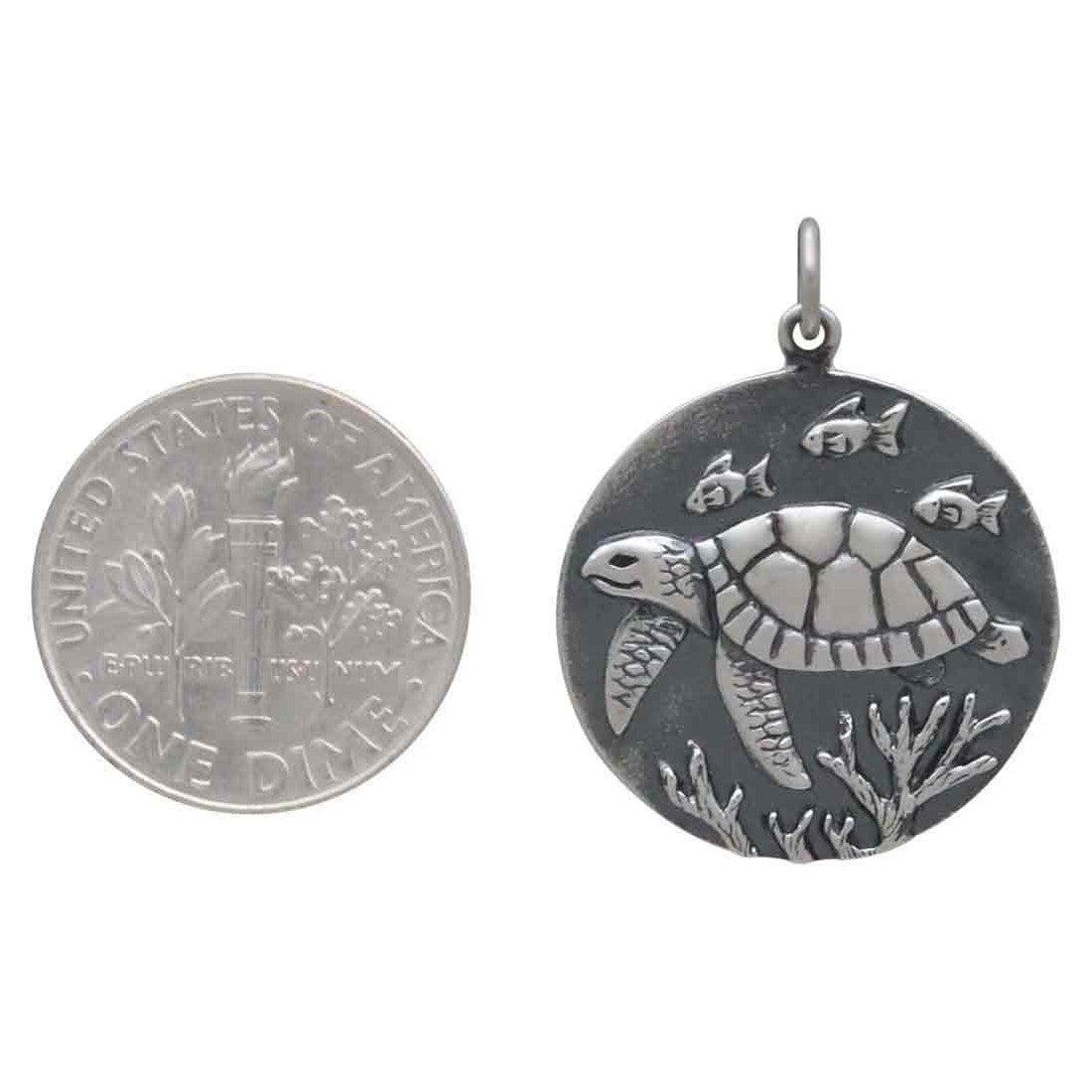 Sea Turtle Coin Pendant Sterling Silver Charm Necklace Ocean Sea Jewelry