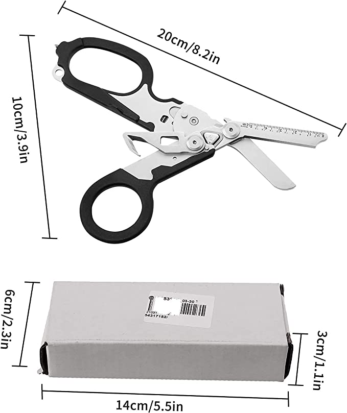 Raptor Rescue Emergency Multitool Shears with Including Folding Emergency Scissors, Tape Cutter, Ring Cutter, Ruler, Oxygen Tank Wrench and Carbide Glass Breaker, with Scissors Sheath