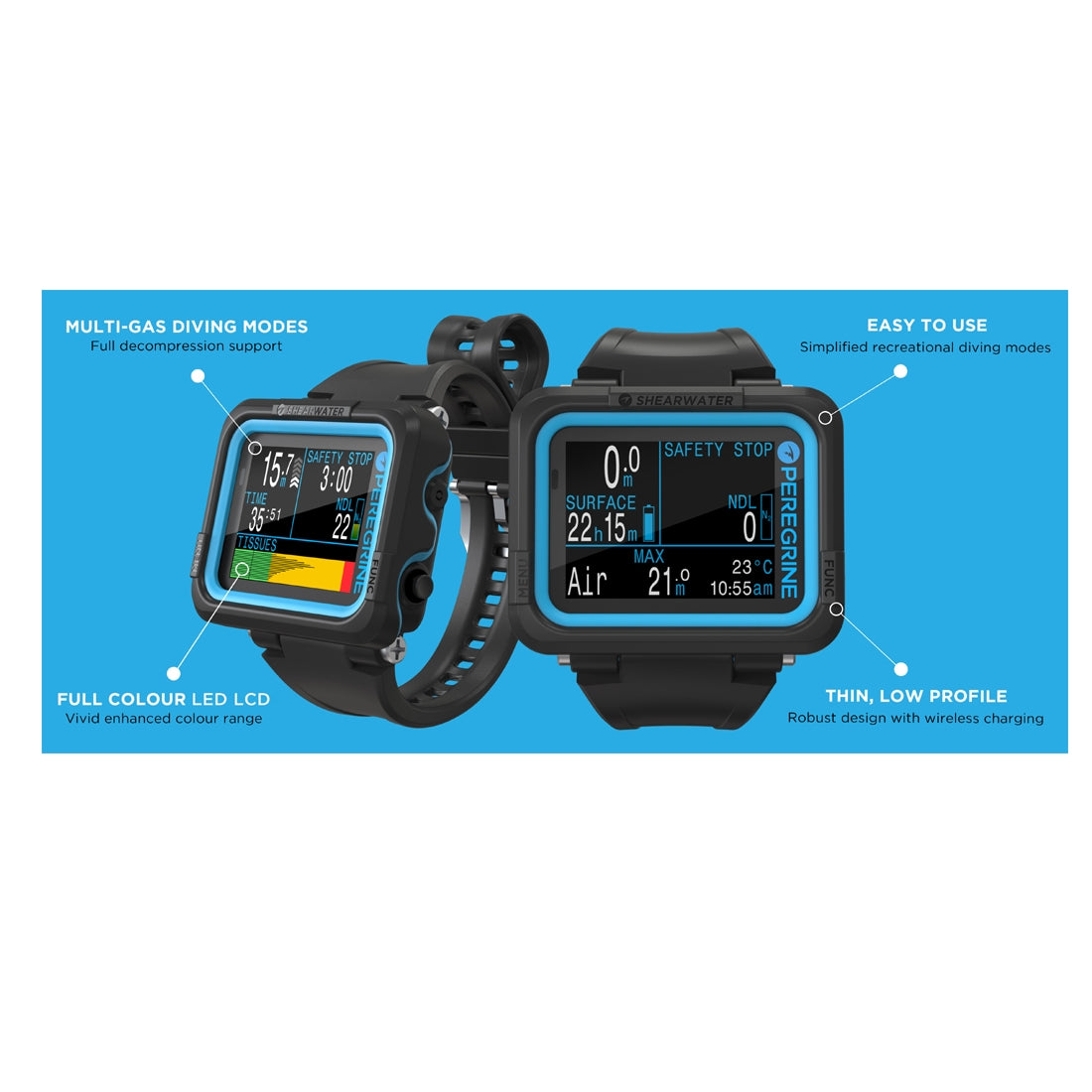 Shearwater PEREGRINE Air, Nitrox, 3 Gas Nitrox, Gauge Wrist COmputer - 3 OC Gases Vibration Alerts
