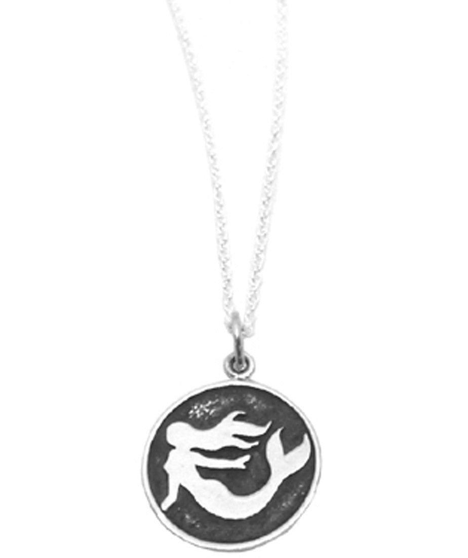 Mermaid Silhouette Coin Pendant Sterling Silver Charm Necklace Ocean Sea Jewelry