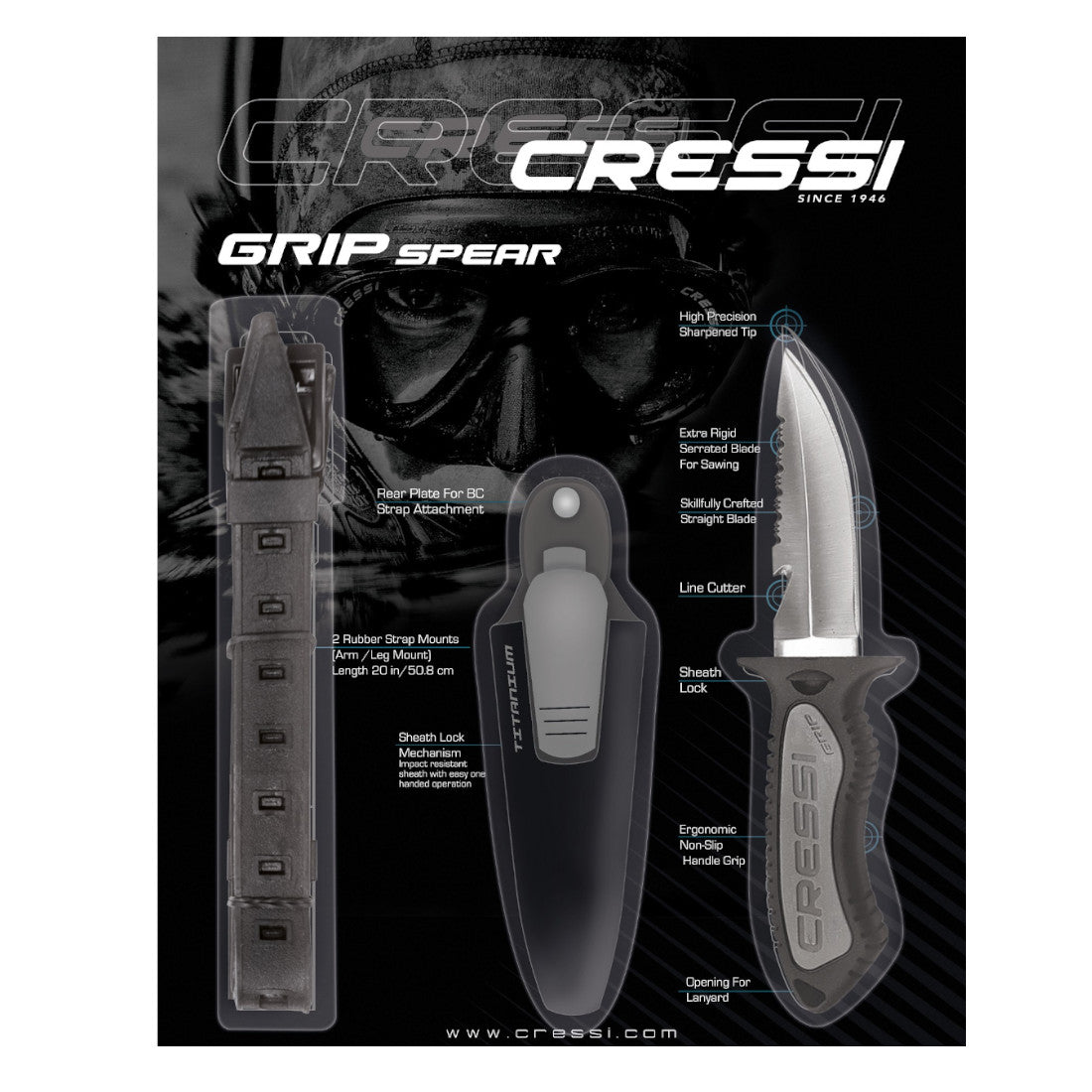 Cressi Grip Stainless Steel Knife for Scuba Diving