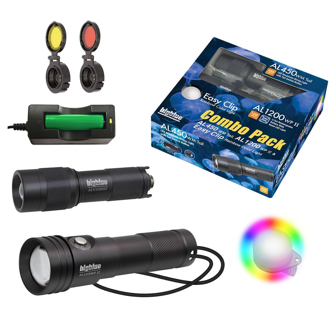 Big Blue Combo Pack: AL1200WP-II + AL450WT + Rainbow EZ Clip Scuba Diving Lights