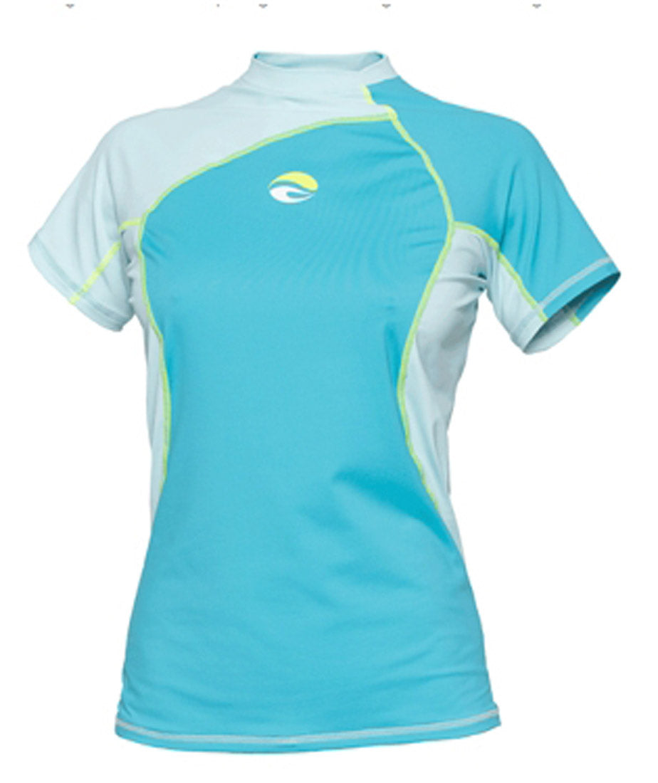 Bare Womens Short Sleeve Blue Watershirt Rash Guard with 50+ SPF UV Protection