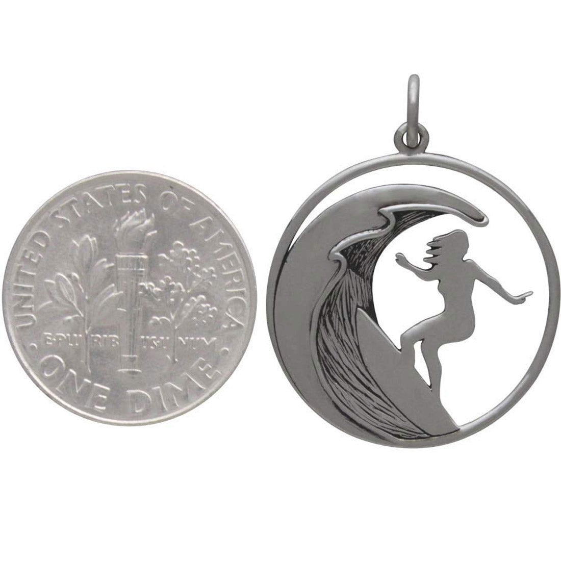 Surfing Woman Sterling Silver Charm Necklace Pendant Jewelry