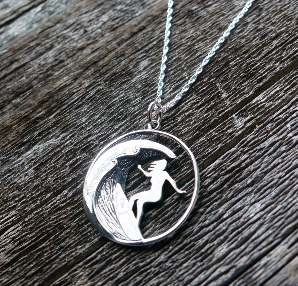 Surfing Woman Sterling Silver Charm Necklace Pendant Jewelry