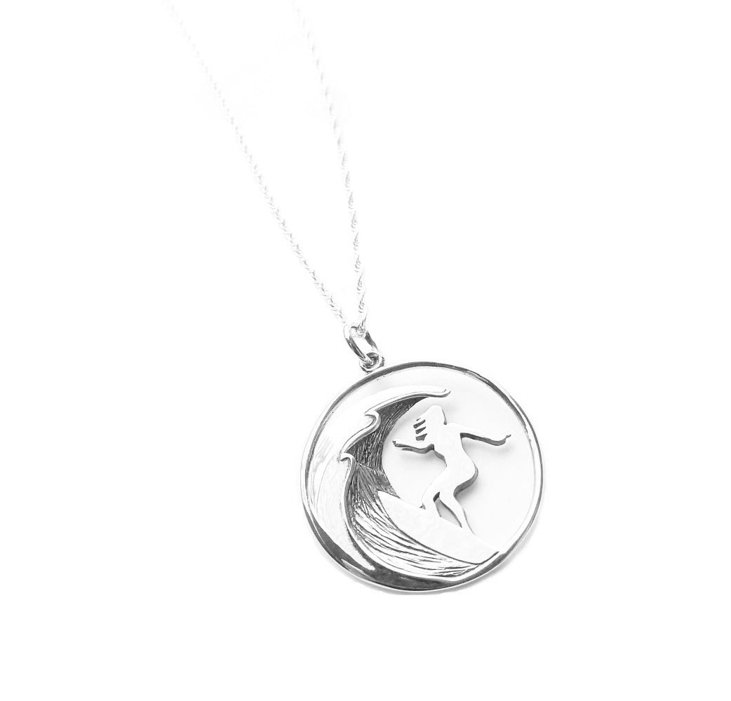 Surfing Woman Sterling Silver Charm Necklace Pendant Jewelry