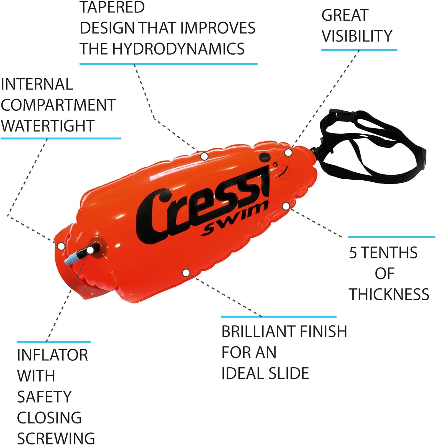 Bouée De Nage Gonflable Cressi Glide 28L Orange - Sécurité Visibilité Pour Eau Libre - Avec Compartiment étanche