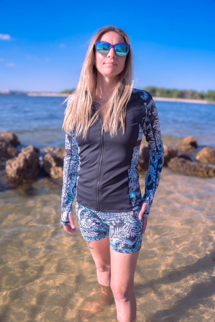 Spacefish Army Womens Electric Blue Octofloral Zip Rashguard