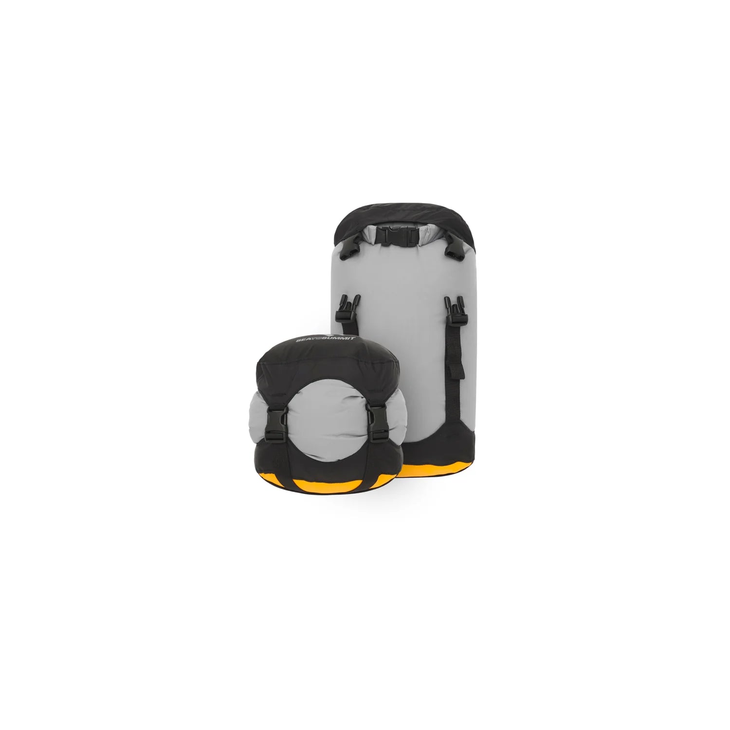 Two black and gray compression dry bag with yellow accents on a white background