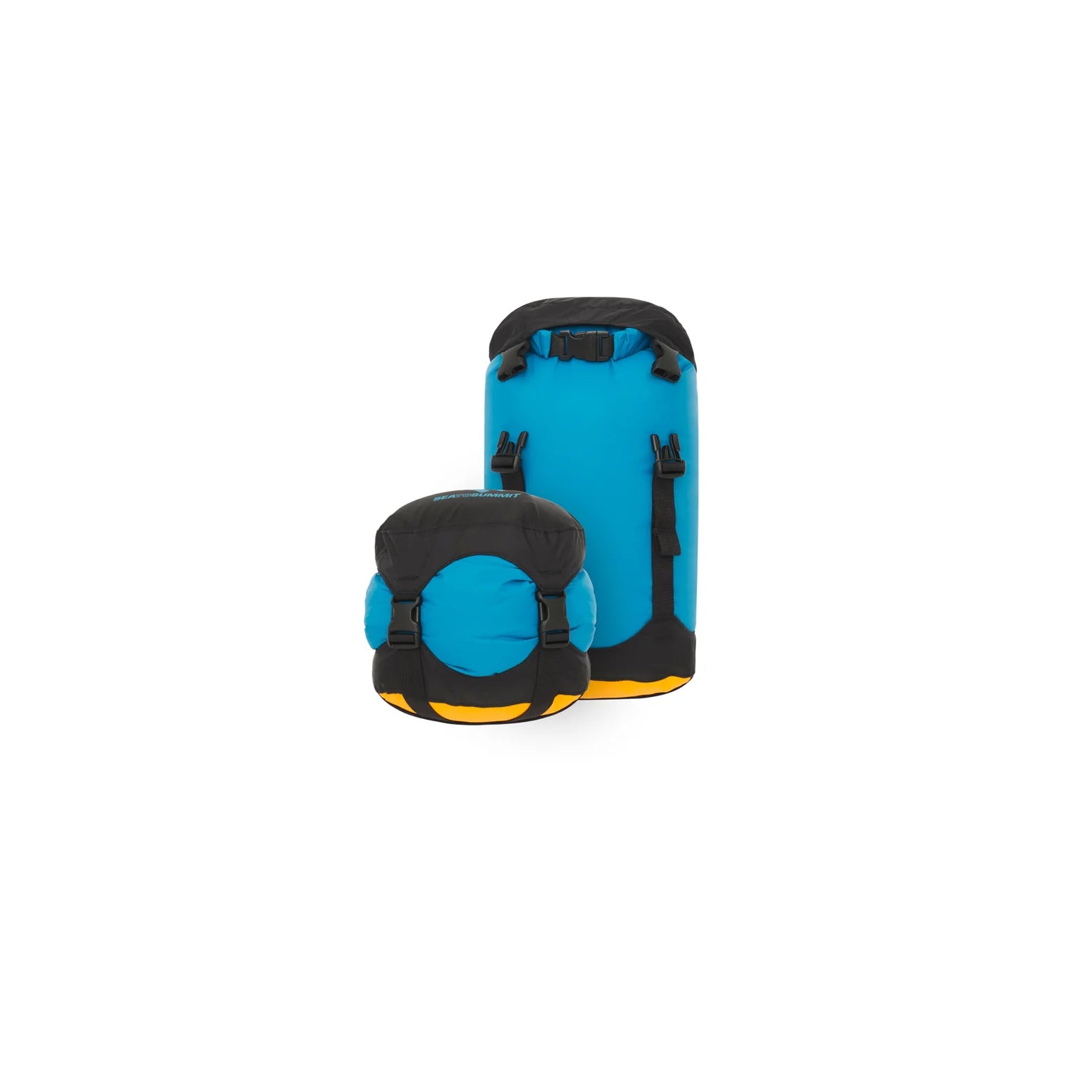 Blue and black compression dry bag on a white background