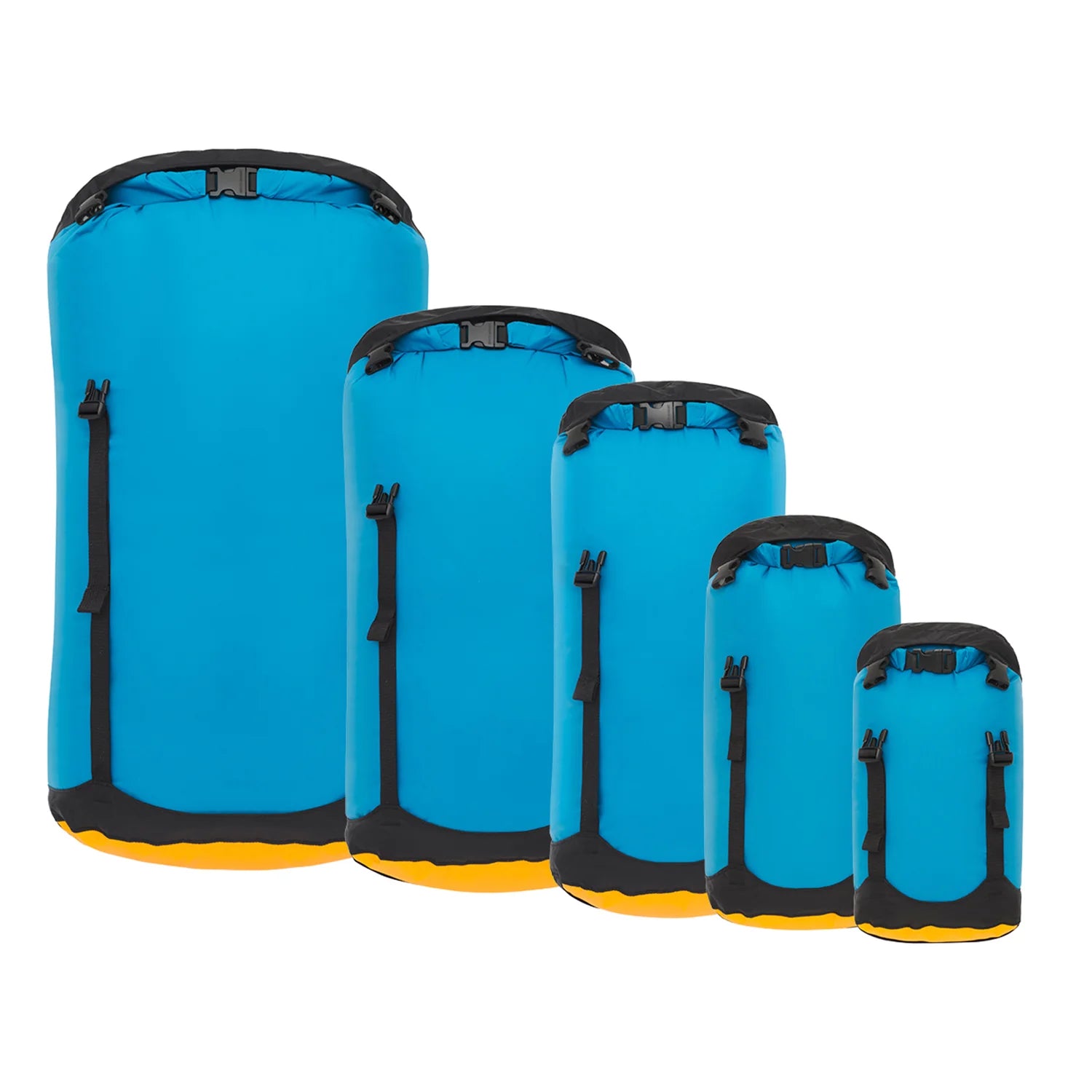 Set of blue compression bags with black straps on a white background