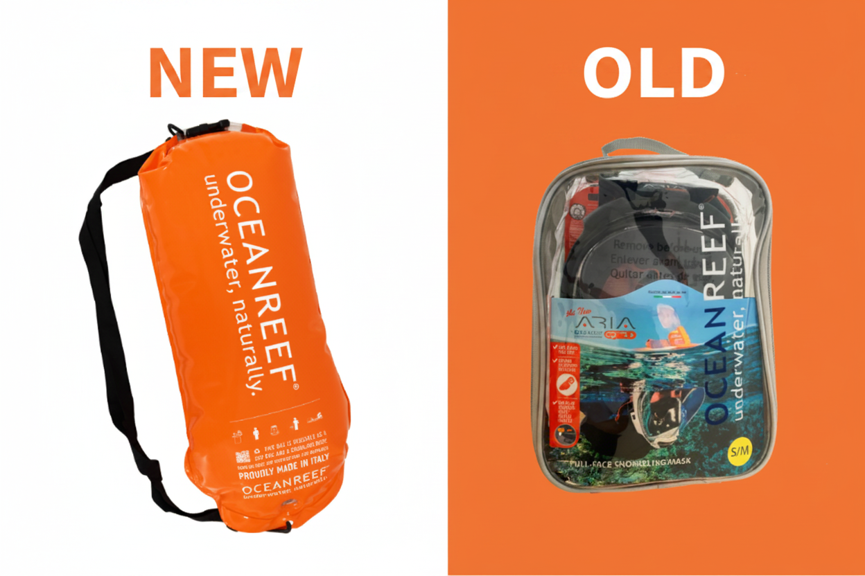 Two Ocean Reef packaging designs, one NEW and one OLD, on an orange and white background.