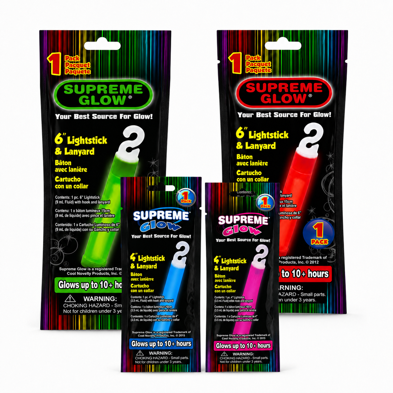 Trident glow sticks in assorted colors and 4-inch and 6-inch sizes