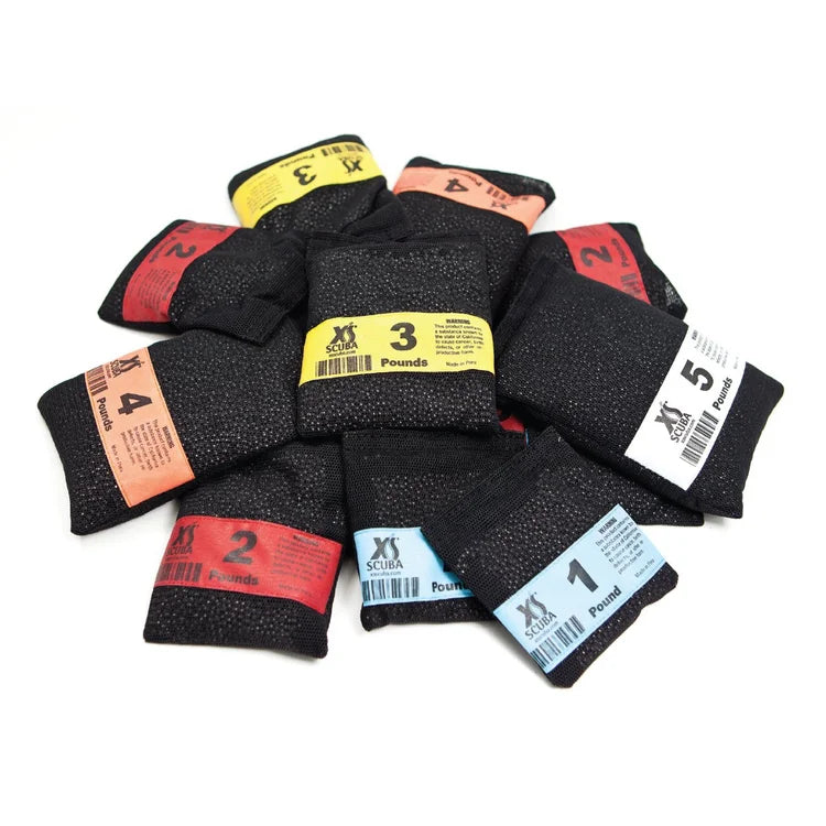 XS Scuba soft mesh weights in 1 lb through 5 lb sizes