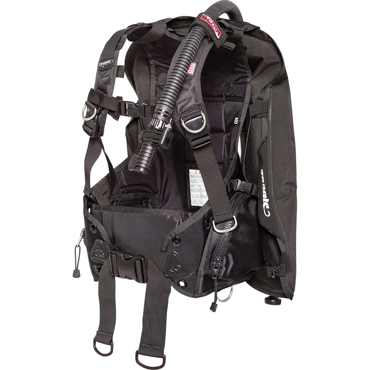 Black Scout scuba diving back inflated BCD on a white background