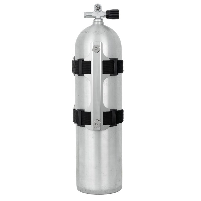 Dive Rite BC2090-SS polished stainless steel single tank adapter for scuba backplate and wing systems in use on tank