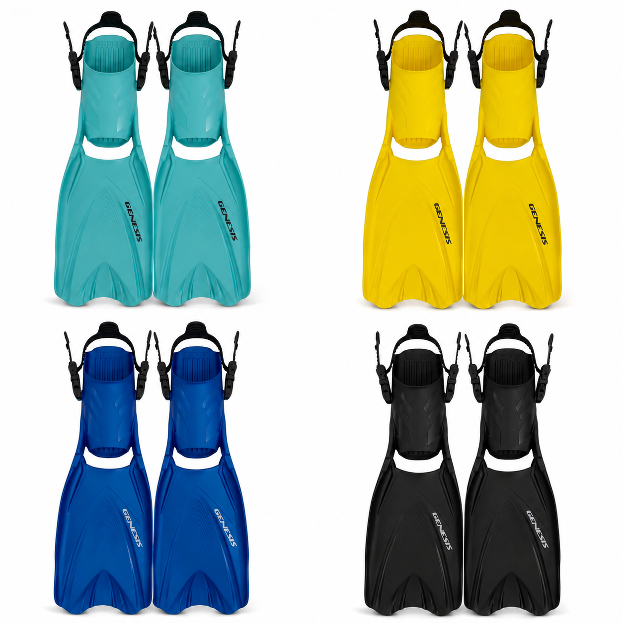 Genesis Icon Open Heel Fins in Black, Ice Blue, Lemon Yellow and Tiffany