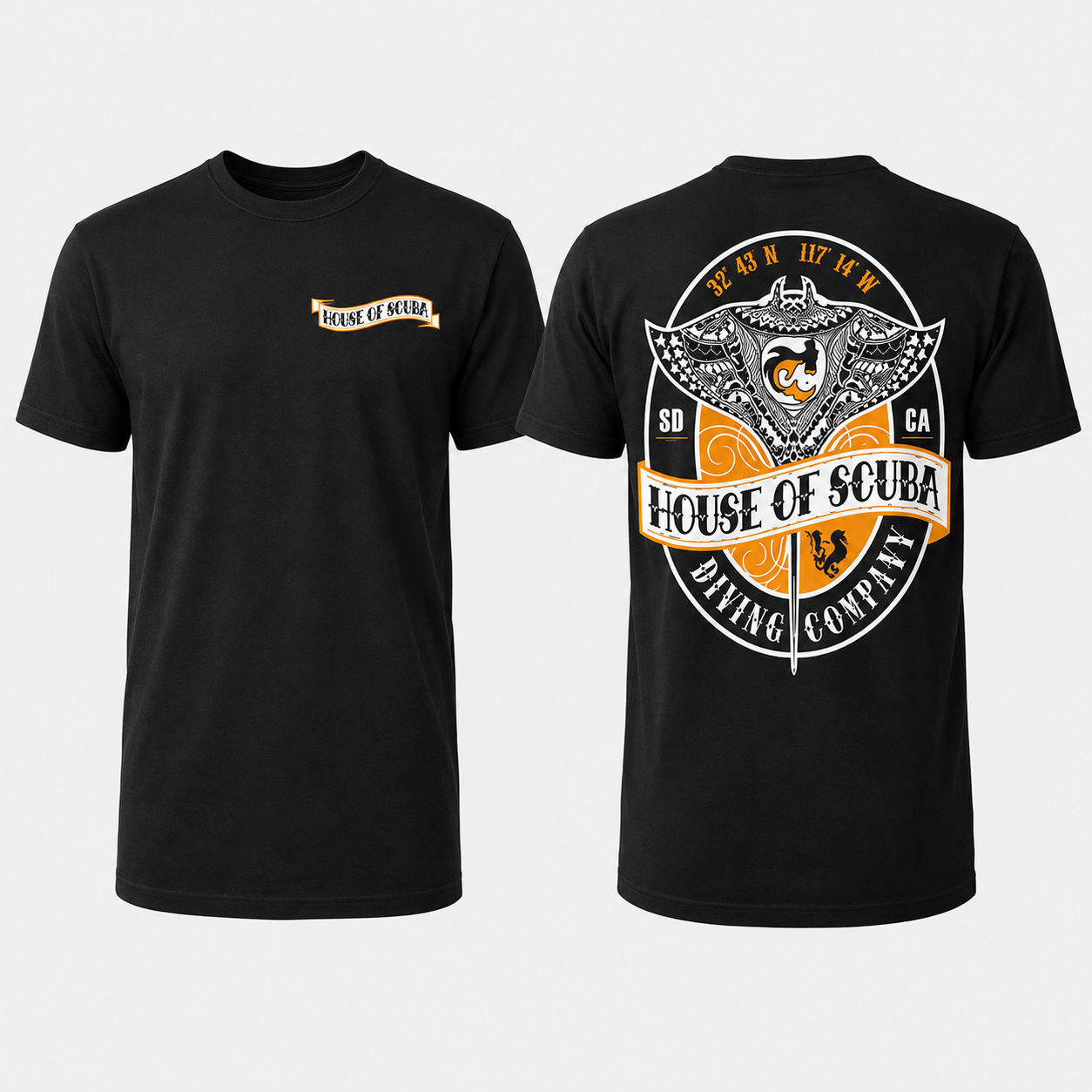 House of Scuba Tribal Manta Ray T-Shirt in black showing front chest logo and back manta ray graphic