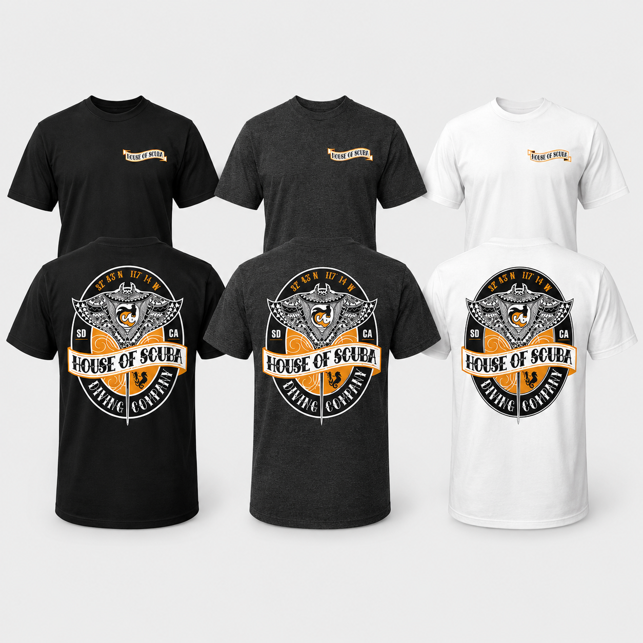 House of Scuba Tribal Manta Ray T-Shirt in black, heather gray, and white showing front and back designs