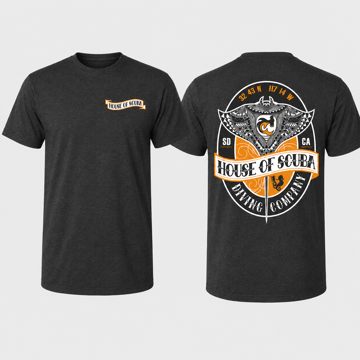 House of Scuba Tribal Manta Ray T-Shirt in heather gray showing front chest logo and back manta ray graphic