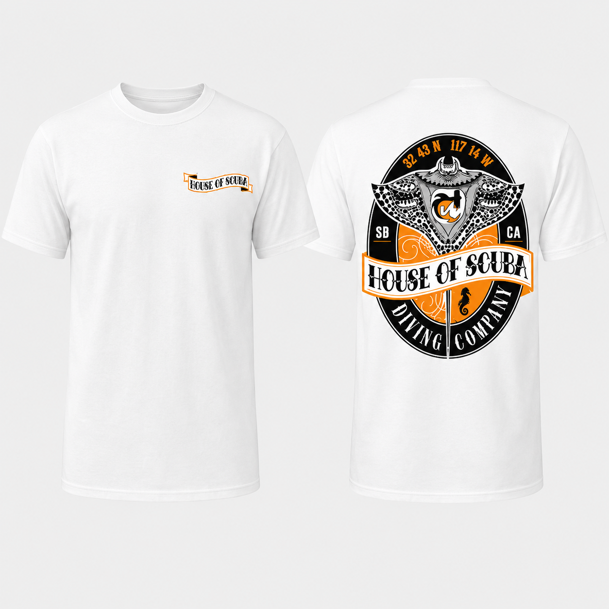 House of Scuba Tribal Manta Ray T-Shirt in white showing front chest logo and back manta ray graphic