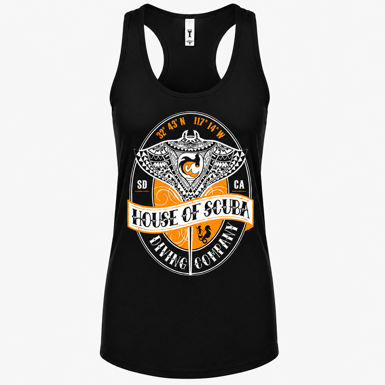 House of Scuba Women's Tribal Manta Ray Racerback Tank Top in black with orange, white, and black manta ray graphic