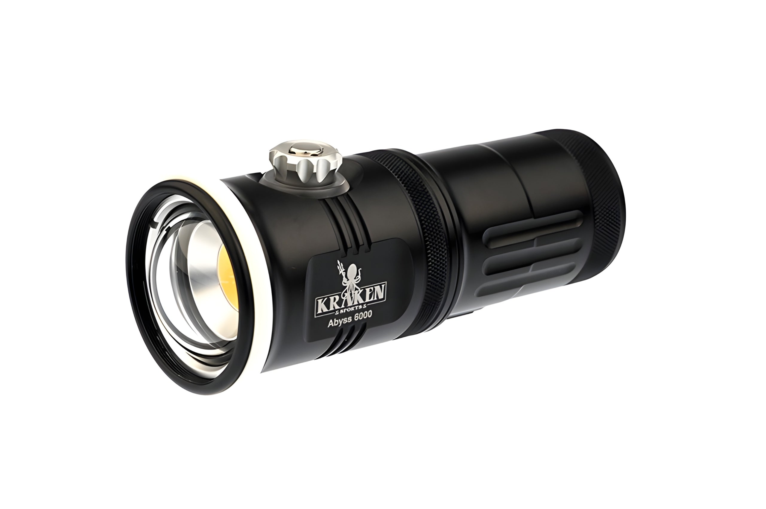 Kraken Sports Abyss 6K underwater video light with 6000-lumen continuous output and 120-degree white flood beam