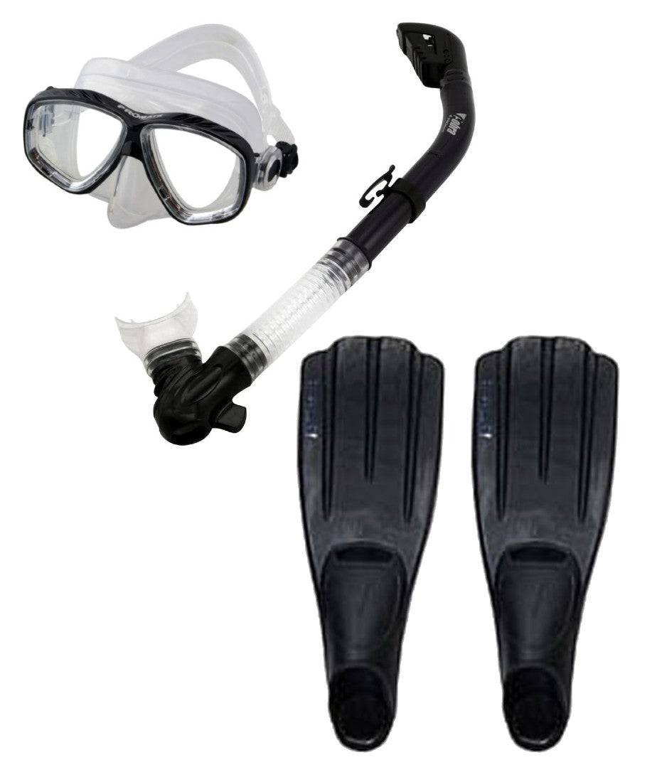 Promate Black Mask, Snorkel, & Full Foot Fin Package