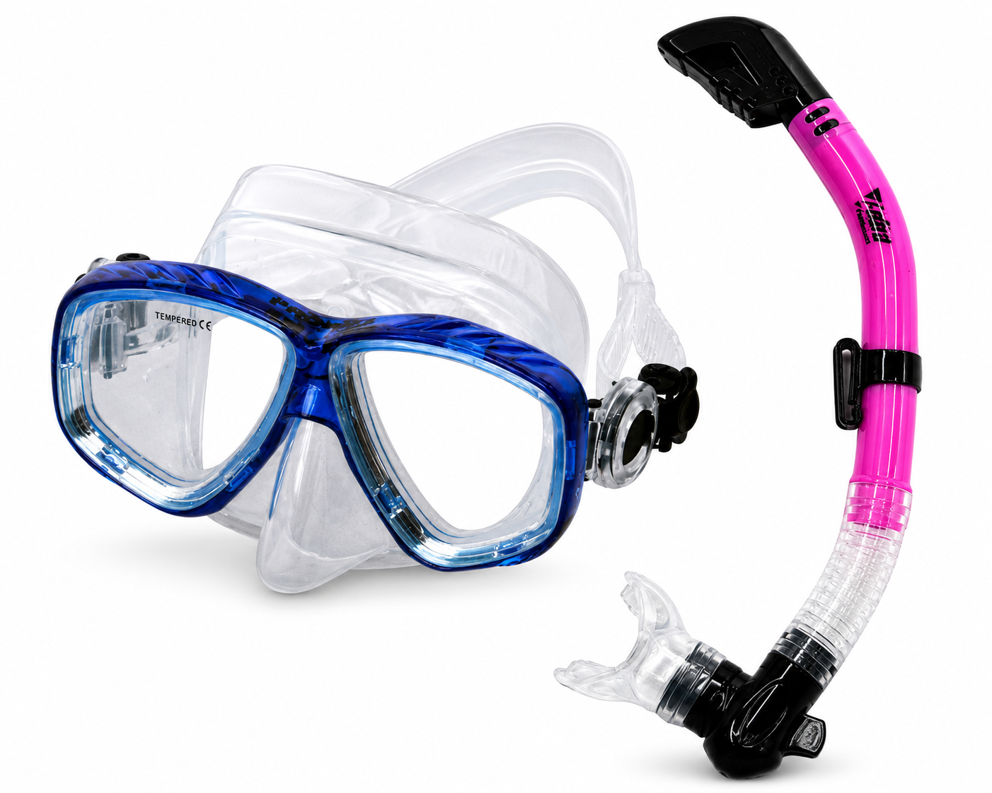 Diving mask and snorkel set with blue mask and pink snorkel on a white background