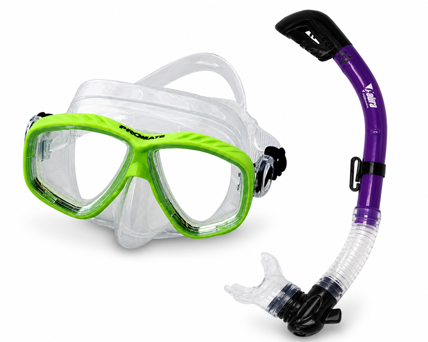 Diving mask and snorkel set with green frame and purple snorkel on a white background