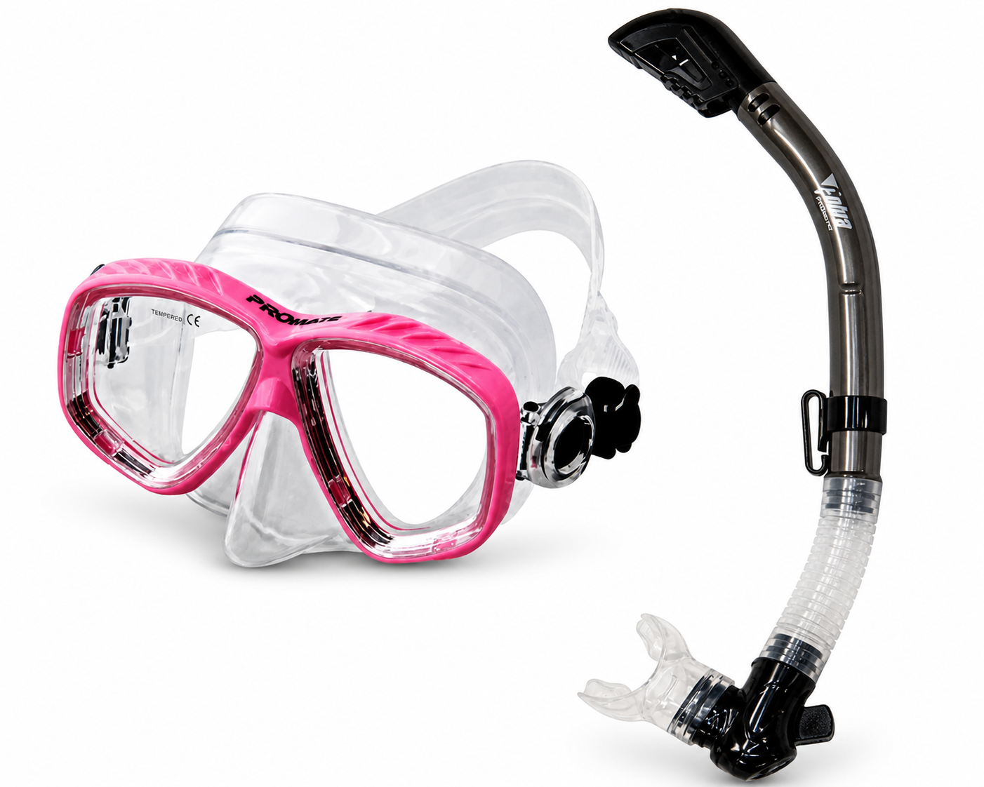 Pink and clear diving mask with black snorkel on a white background