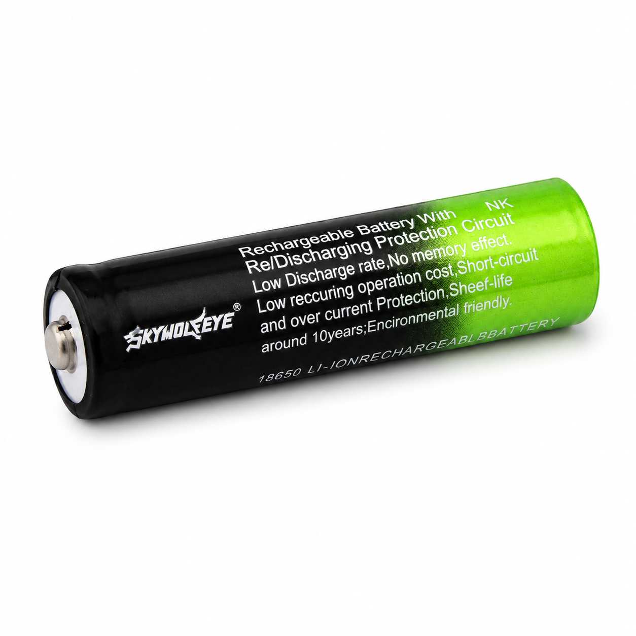Skywolfeye 18650 Li-Ion 3.7V 9900mAh single rechargeable battery horizontal view