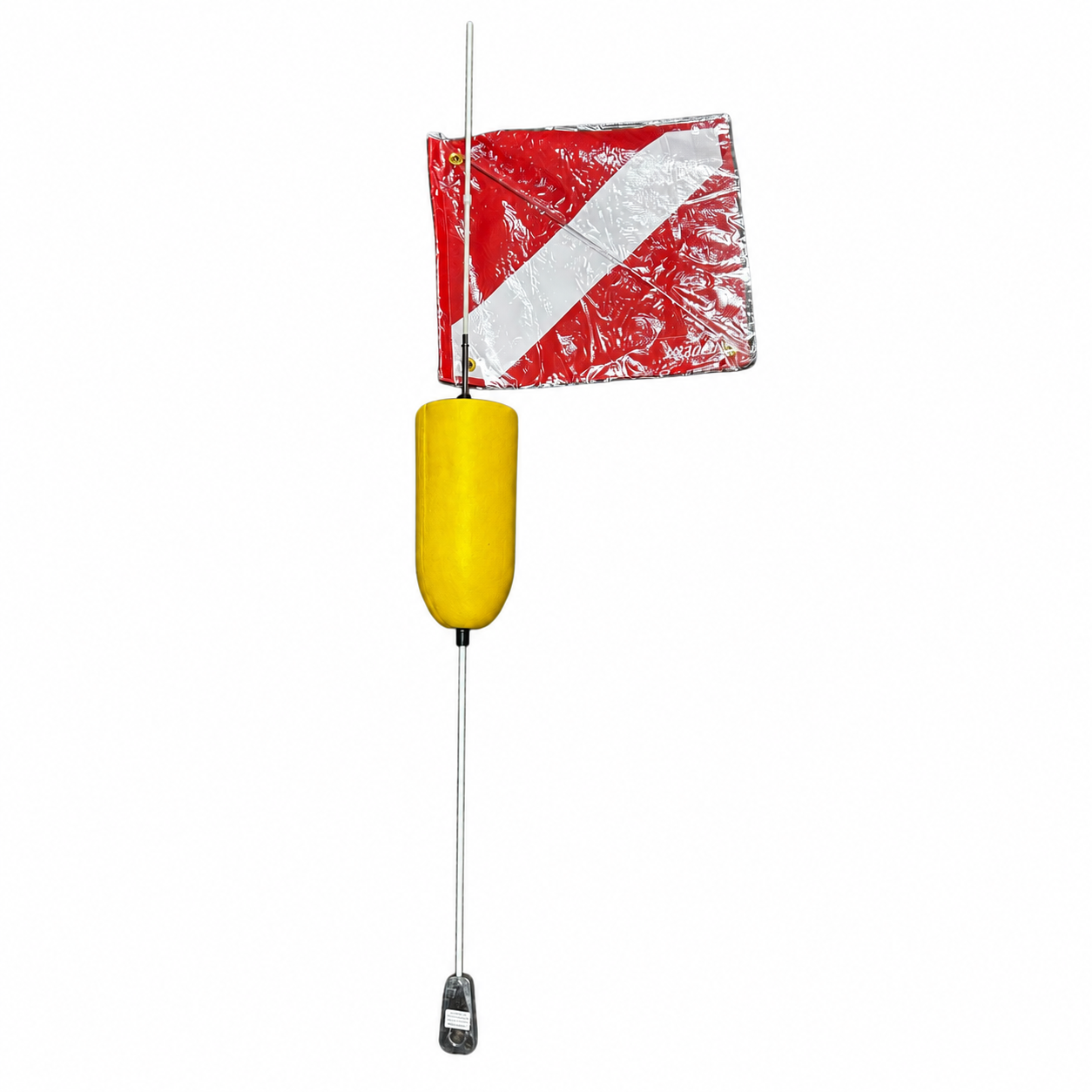 A diving signal flag with a red and white diagonal stripe, attached to a yellow float on a long pole with a weighted tip, shown against a plain white background.