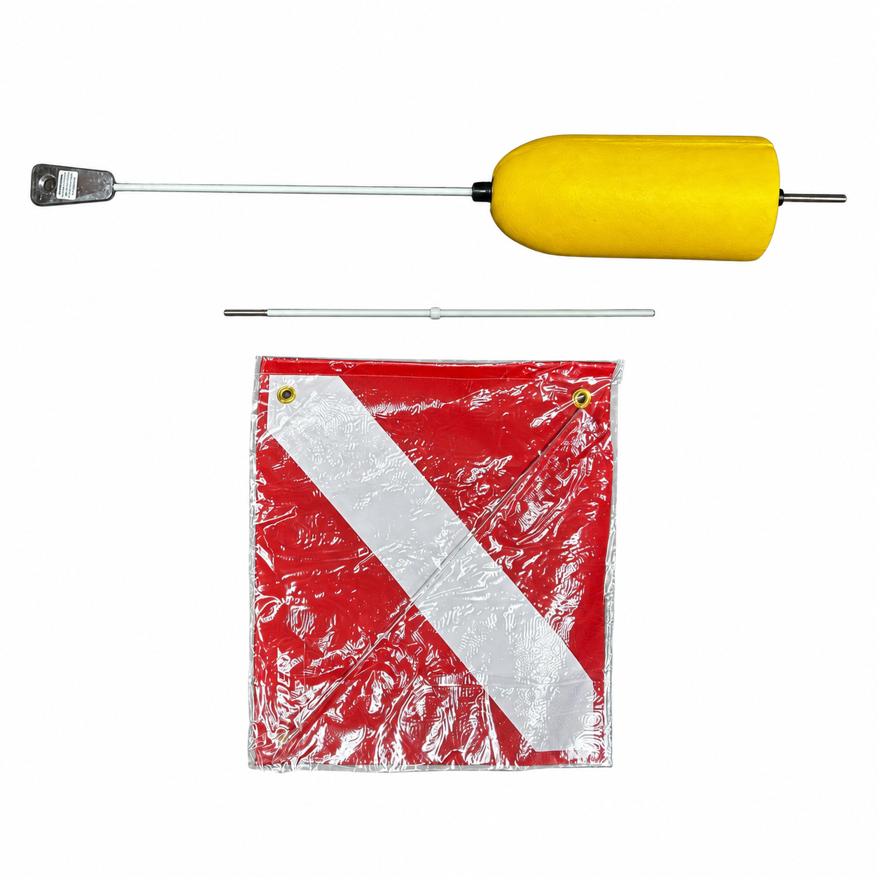 A red and white dive flag set with a yellow float on a pole