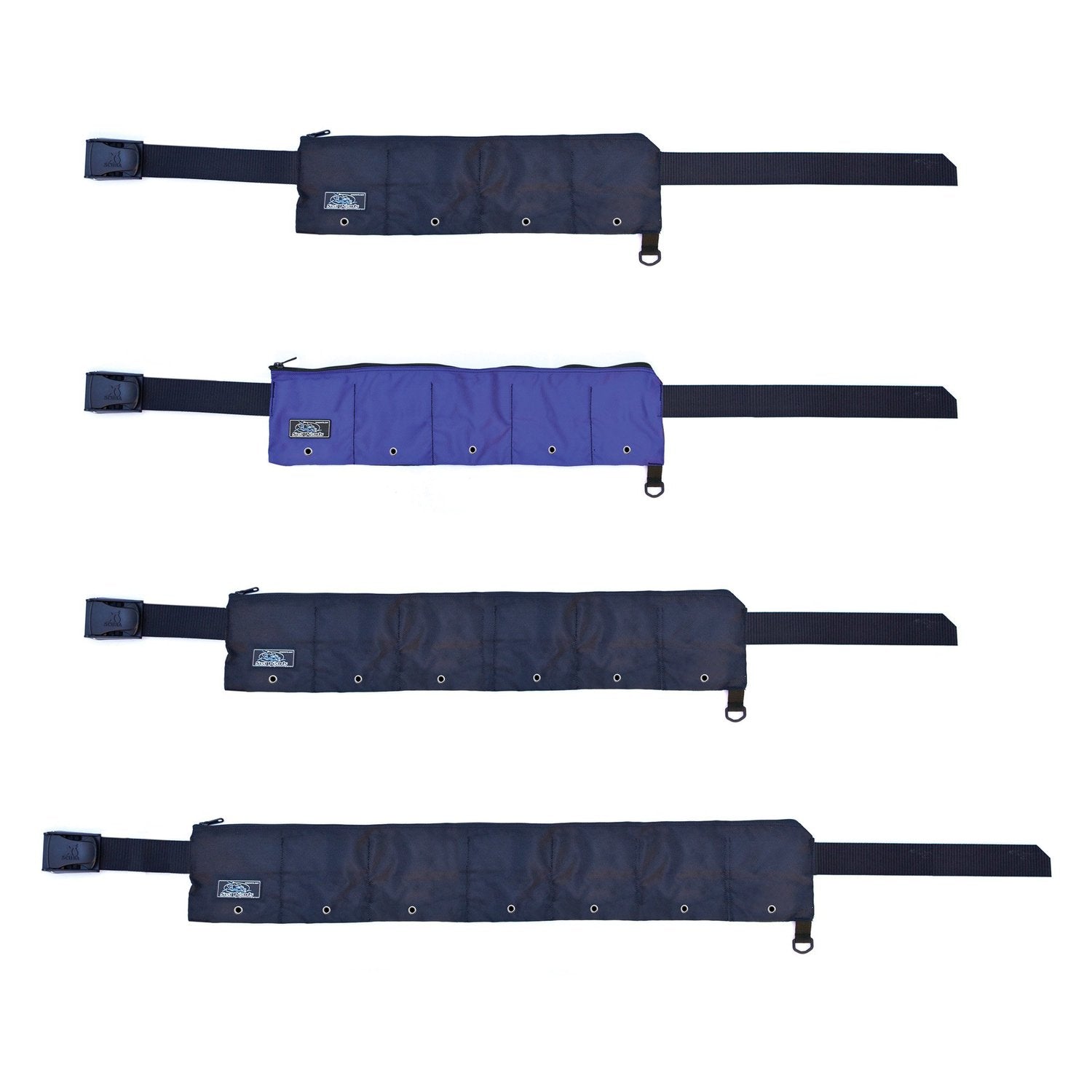 XS Scuba Zippered Pocket Weight Belts in black and blue with 4, 5, 6, and 7-pocket configurations