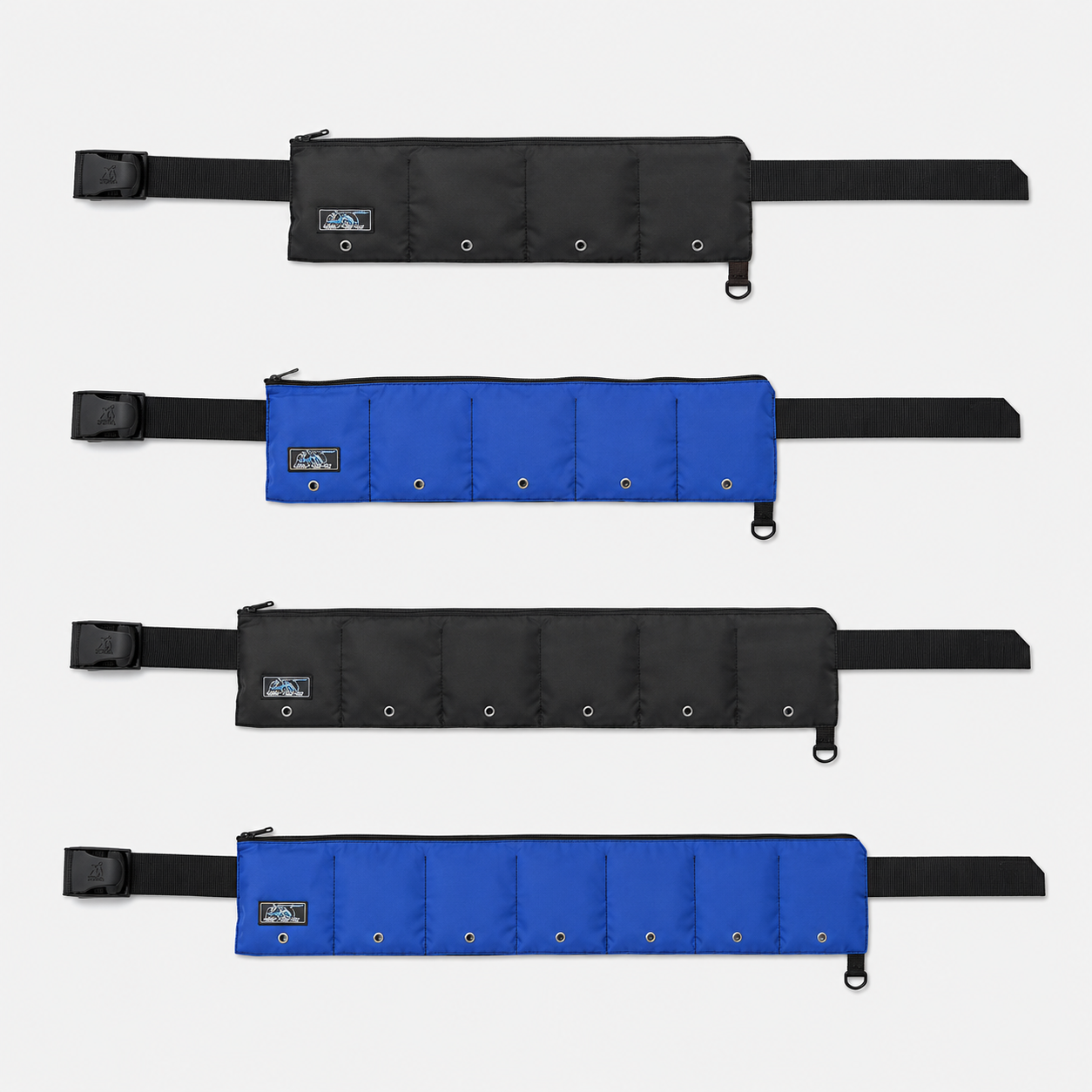 XS Scuba Zippered Pocket Weight Belts in black and blue with 4, 5, 6, and 7-pocket configurations