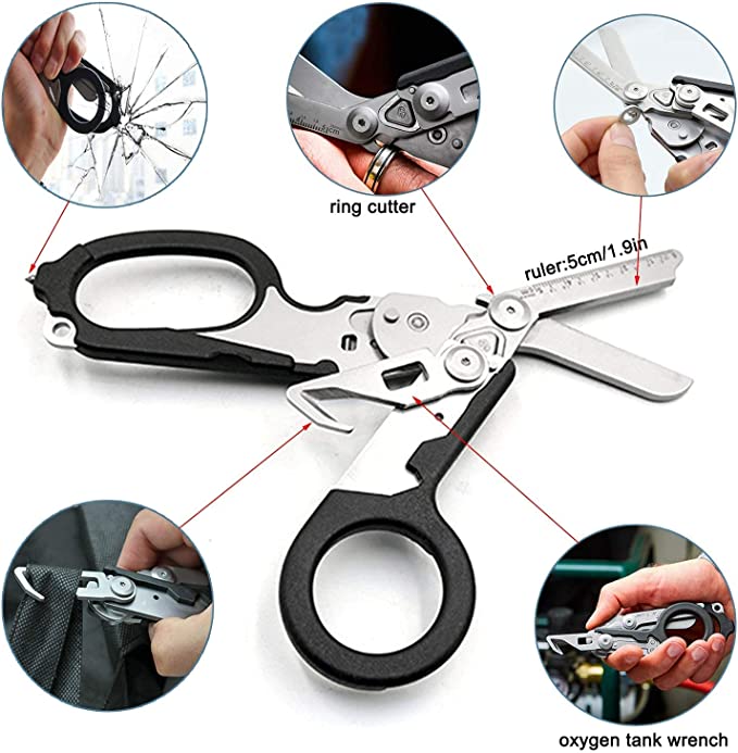 Raptor Rescue Emergency Multitool Shears with Including Folding Emergency Scissors Tape Cutter Ring Cutter Ruler Oxygen Tank Wrench and Carbide