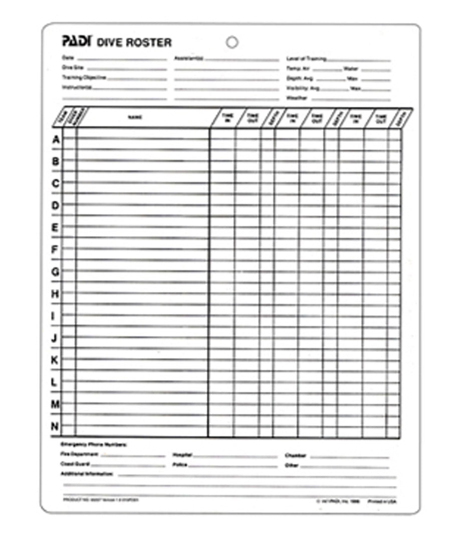 PADI Dive Roster Slate item # 60227 for Scuba Diving – House of Scuba